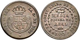 ISABEL II. 1/2 décima de real. 1853. Segovia. CU 1,85 g. 15,8 mm. VI-104; AC-140. Rebaba en anv. R.B.O. EBC+.