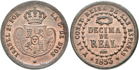 ISABEL II. Décima de real. 1853. Segovia. CU 4,12 g. 19,42 mm. VI-108; AC-146. B.O. EBC+.