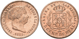 ISABEL II. 5 céntimos de real. 1859. Segovia. CU 1,7 g. 17,09 mm. VI-125; AC-164. Pleno B.O. SC.