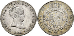 ISABEL II. 10 reales. 1843. Madrid. CL. AR 13,46 g. 29,44 mm. VI-448; AC-523. Fuertes rayas en anv. Golpecitos en canto. MBC/MBC-. Muy escasa.