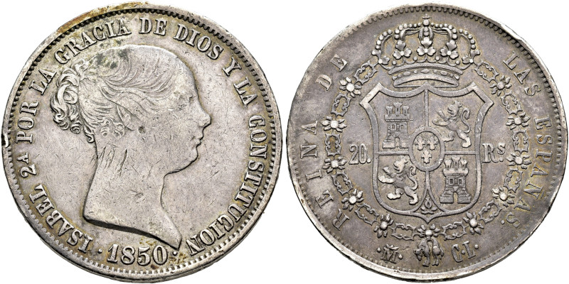 ISABEL II. 20 reales. 1850. Madrid. CL. AR 26,2 g. 37,12 mm. VI-506; AC-591. Gol...