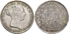ISABEL II. 20 reales. 1850. Madrid. CL. AR 26,2 g. 37,12 mm. VI-506; AC-591. Golpe en canto y rayitas en anv. MBC/MBC-.