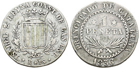 ISABEL II. 1 peseta. 1836. Barcelona. PS. AR 5,84 g. 25,09 mm. VI-540; AC-271. Golpecitos en canto. MBC-. Escasa.