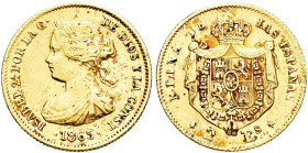 ISABEL II. 2 escudos. 1865. Madrid. AU 1,67 g. 15,4 mm. VI-560; AC-675. MBC+/MBC.