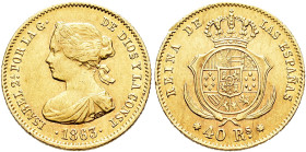 ISABEL II. 40 reales. 1863. Barcelona. AU 3,31 g. 17,99 mm. VI-562; AC-677. EBC-.