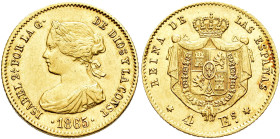 ISABEL II. 4 escudos. 1865. Madrid. AU 3,32 g. 17,99 mm. VI-570; AC-688. MBC+.