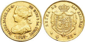 ISABEL II. 4 escudos. 1867. Madrid. AU 3,35 g. 18,02 mm. VI-572; AC-691. Pequeñas marcas. MBC+.