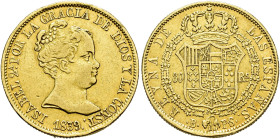 ISABEL II. 80 reales. 1839. Barcelona. PS. AU 6,69 g. 21,69 mm. VI-581; AC-704. Golpes en canto. MBC.