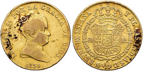 ISABEL II. 80 reales. 1835. Madrid. CR. AU 6,64 g. 21,47 mm. VI-593; AC-720. Concreciones. Leve doble acuñación en anv. MBC-/MBC.