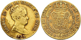 ISABEL II. 80 reales. 1835. Sevilla. DR. AU 6,77 g. 21,06 mm. VI-608; AC-737. Hojas en anv. MBC/MBC+. Muy escasa.