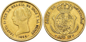 ISABEL II. 100 reales. 1854. Barcelona. AU 8,37 g. 22 mm. VI-630; AC-762. MBC.