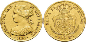 ISABEL II. 100 reales. 1859. Barcelona. AU 8,38 g. 22,12 mm. VI-635; AC-770. Punzón en anv. y golpe en canto. MBC+.