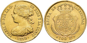 ISABEL II. 100 reales. 1859. Barcelona. AU 8,37 g. 22,04 mm. VI-635; AC-770. Dos golpecitos en gráfila. MBC+.