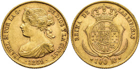 ISABEL II. 100 reales. 1859. Barcelona. AU 8,31 g. 22,1 mm. VI-635; AC-770. MBC.