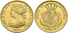 ISABEL II. 100 reales. 1859. Madrid. AU 8,39 g. 22,16 mm. VI-646; AC-786. Limpiada. EBC-/EBC.
