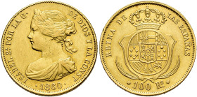 ISABEL II. 100 reales. 1860. Madrid. AU 8,37 g. 22,03 mm. VI-647; AC-787. Pequeñas marcas. MBC+/EBC-.