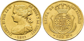 ISABEL II. 100 reales. 1861. Madrid. AU 8,32 g. 22,17 mm. VI-648; AC-788. MBC+/EBC-.