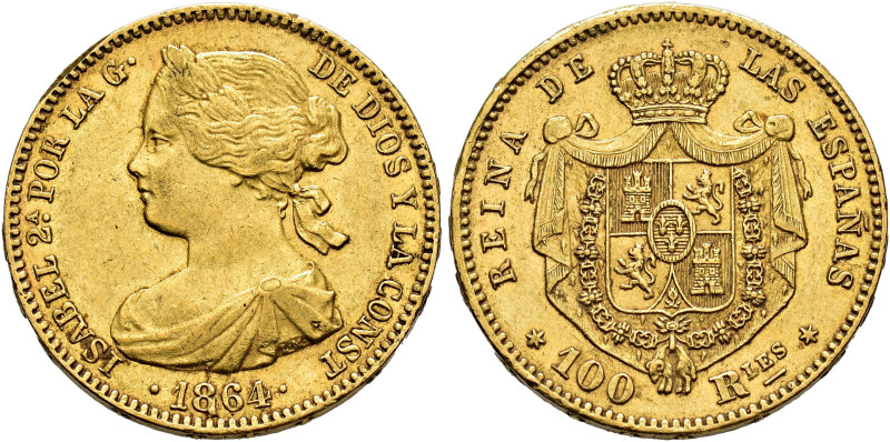 ISABEL II. 100 reales. 1864. Madrid. AU 8,32 g. 22,35 mm. VI-651; AC-792. Golpe ...
