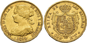 ISABEL II. 100 reales. 1864. Madrid. AU 8,32 g. 22,35 mm. VI-651; AC-792. Golpe en gráfila. MBC+.