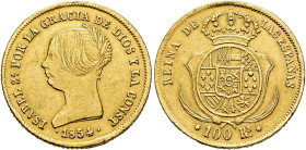 ISABEL II. 100 reales. 1854. Sevilla. AU 8,37 g. 22,03 mm. VI-654; AC-795. Rebaba en gráfila. Soldadura manipulada en canto. MBC.