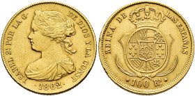 ISABEL II. 100 reales. 1862. Sevilla. AU 8,35 g. 22,26 mm. VI-662; AC-805. Leves golpecitos en gráfila. Parte del canto sin acuñar. MBC+.