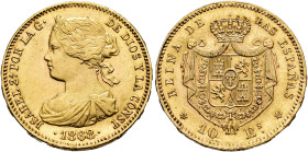 ISABEL II. 10 escudos. 1868*18-68. Madrid. AU 8,36 g. 22,23 mm. VI-668; AC-815. Leves golpecitos en gráfila del rev. R.B.O. EBC.
