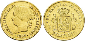 ISABEL II. Peso. 1868. Manila. AU 1,67 g. 15,33 mm. VI-678; AC-833. Pequeñas marcas. MBC+.