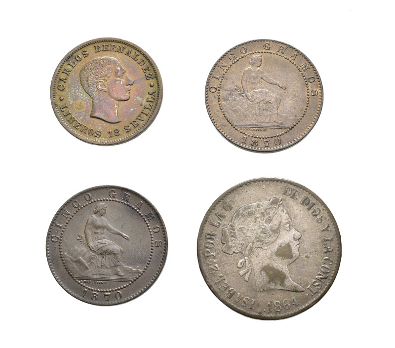GOBIERNO PROVISIONAL. Lote de 4 piezas: 10 reales Isabel II 1864 Madrid falsos d...