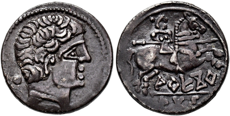 HISPANIA ANTIGUA. AREKORATAS. Denario. A/ Cabeza masculina con collar a der., de...
