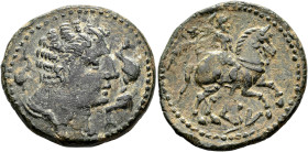 HISPANIA ANTIGUA. KELSE. Unidad. A/ Cabeza masculina con manto a der., alrededor tres delfines. R/ Jinete con palma a der., debajo sobre línea KeLSE. ...