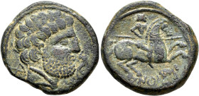 HISPANIA ANTIGUA. KONTERBIA-KARBIKA. Unidad. A/ Cabeza barbada a der., delante, delfín, detrás Ko. R/ Jinete lancero a der., debajo curvada KoNTeBaKoM...