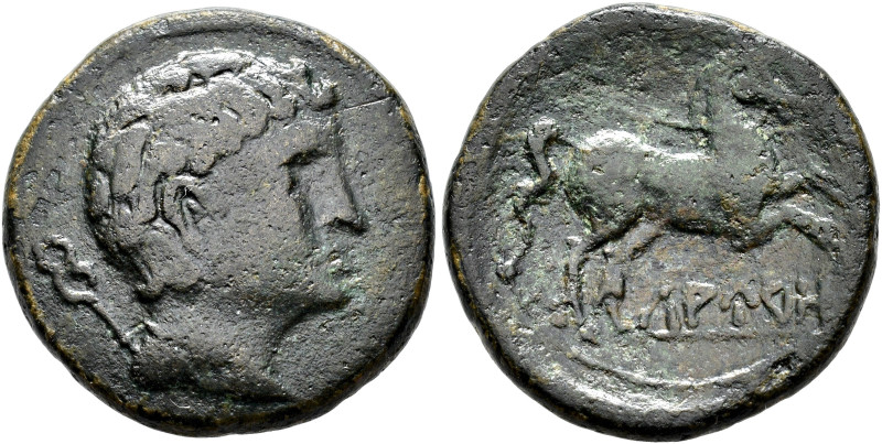 HISPANIA ANTIGUA. LAURO. Mitad. A/ Cabeza masculina a der., detrás, caduceo. R/ ...