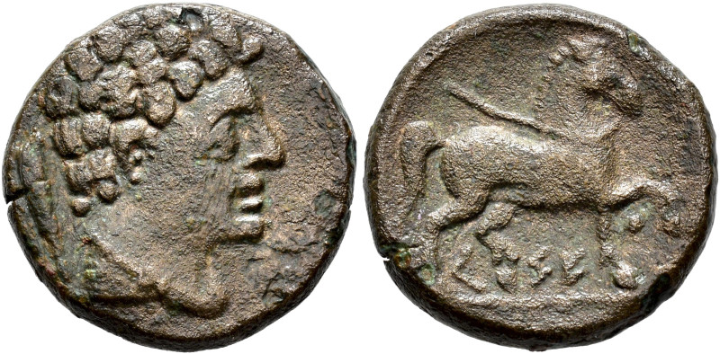 HISPANIA ANTIGUA. KESE. Mitad. A/ Cabeza masculina a der. con manto, detrás, tim...