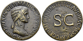 IMPERIO ROMANO. AGRIPINA LA MAYOR. Sestercio. Roma (c. 50 d.C.). A/ Busto drapeado a der.; AGRIPPINA. M. F. GERMANICI. CAESARIS. R/ TI. CLAVDIVS. CAES...