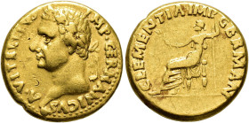 IMPERIO ROMANO. VITELIO. Tarraco. Áureo (69 d.C.). A/ Cabeza laureada a izq.; A VITELLIVS IMP GERMANICVS. R/ Clementia sentada a izq. con rama y cetro...