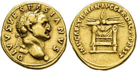 IMPERIO ROMANO. VESPASIANO (bajo Trajano). Roma. Áureo (98-117 d.C.) A/ Cabeza laureada a der.; DIVVS VESPASIANVS. R/ Haz de rayos sobre trono; IMP CA...