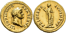 IMPERIO ROMANO. DOMICIANO (bajo Vespasiano). Roma. Áureo (75 d.C.) A/ Cabeza laureada a der.; CAESA AVG F DOMIT COS III. R/ Spes a izq. con flor y lev...