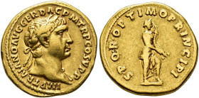 IMPERIO ROMANO. TRAJANO. Roma. Áureo (103-111). A/ Cabeza laureada con égida a der.; IMP TRAIANO AVG GER DAC P M TR P COS V P P. R/ Abundantia a der. ...