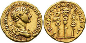 IMPERIO ROMANO. TRAJANO. Roma. Áureo (112-114). A/ Busto laureado, drapeado y acorazado a der.; IMP TRAIANO AVG GER DAC P M TR P COS VI P P. R/ Aquila...