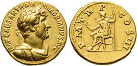 IMPERIO ROMANO. ADRIANO. Roma. Áureo (121-123). A/ Busto laureado, drapeado y acorazado a der.; IMP CAESAR TRAIAN HADRIANVS AVG. R/ Júpiter entronizad...