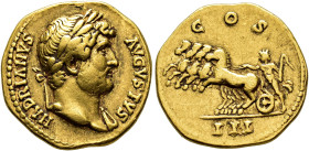 IMPERIO ROMANO. ADRIANO. Roma. Áureo (124-125). A/ Cabeza laureada y drapeada al hombro a der.; HADRIANVS AVGVSTVS. R/ Sol conduciendo cuadriga a izq....