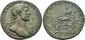 IMPERIO ROMANO. ADRIANO. Roma. Sestercio (118). A/ Busto laureado y drapeado al hombro a der.; IMP CAESAR TRAIANVS HADRIANVS AVG. R/ Fortuna sentada a...