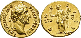 IMPERIO ROMANO. ANTONINO PÍO. Roma. Áureo (147-148). A/ Cabeza laureada a der.; ANTONINVS AVG PIVS P P TR P XI. R/ Liberalitas a izq. con ábaco y corn...
