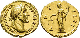 IMPERIO ROMANO. ANTONINO PÍO. Roma. Áureo (150-151). A/ Cabeza laureada y drapeada al hombro a der.; ANTONINVS AVG PIVS P P TR P XIIII. R/ Aequitas a ...