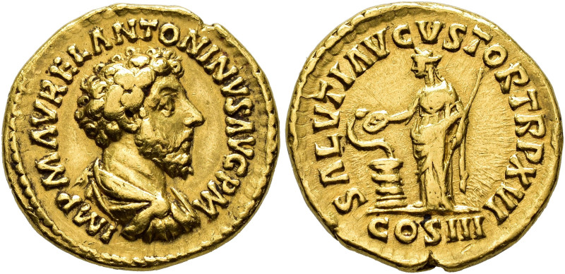 IMPERIO ROMANO. MARCO AURELIO. Roma. Áureo (161-162). A/ Busto drapeado y acoraz...