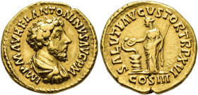 IMPERIO ROMANO. MARCO AURELIO. Roma. Áureo (161-162). A/ Busto drapeado y acorazado a der.; IMP M AVREL ANTONINVS AVG P M. R/ Salus con cetro y pátera...