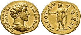 IMPERIO ROMANO. MARCO AURELIO. Roma. Áureo (152-153). A/ Busto drapeado y acorazado a der.; AVRELIVS CAESAR AVG PII FIL. R/ Roma a izq. con victoria y...