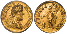 IMPERIO ROMANO. CÓMODO. Roma. Áureo (190-191). A/ Busto laureado, drapeado y acorazado a der.; M COMM ANT P FEL AVG BRIT P P. R/ Genio a izq. con corn...