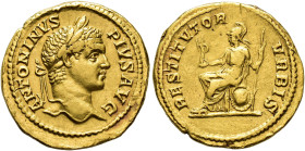 IMPERIO ROMANO. CARACALLA. Roma. Áureo (206-210). A/ Cabeza laureada a der.; ANTONINVS PIVS AVG. R/ Roma sentada a izq. con palladium, lanza y escudo;...