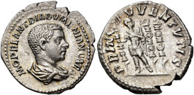 IMPERIO ROMANO. DIADUMENIANO. Roma. Denario (217-218). A/ Busto drapeado a der.; M OPEL ANT DIADVMENIAN CAES. R/ El césar en traje militar a izq. con ...